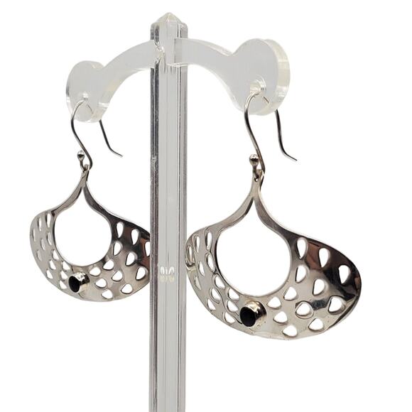 Taxco 925 Sterling Earrings Silver Black Onyx Artisan Drop Chandelier Nouveau - Picture 4 of 12